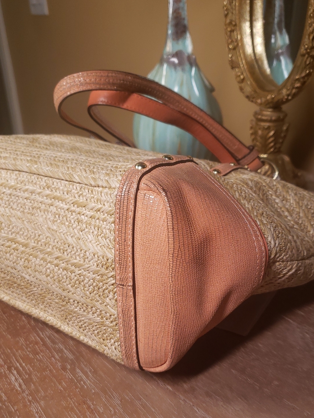 Coach Alexandra Straw Studded Tote Coral Leather w/ Flower Charm (Retail $398) - Picture 8 of 15